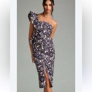 Anthropologie Navy Blue and White One-Shoulder Dress M